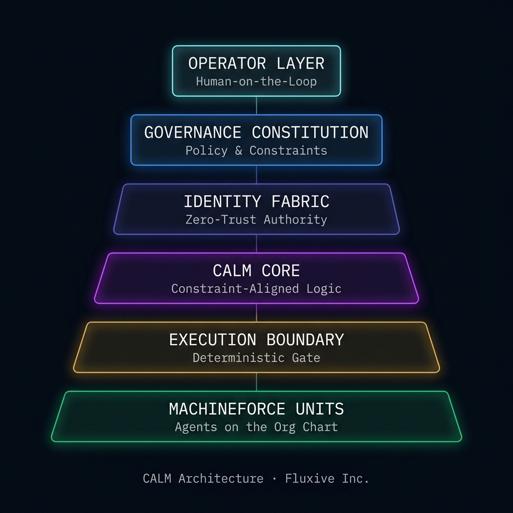 CALM Architecture Diagram — Six-layer stack from Operator Layer through Governance Constitution, Identity Fabric, CALM Core, Execution Boundary, to Machineforce Units